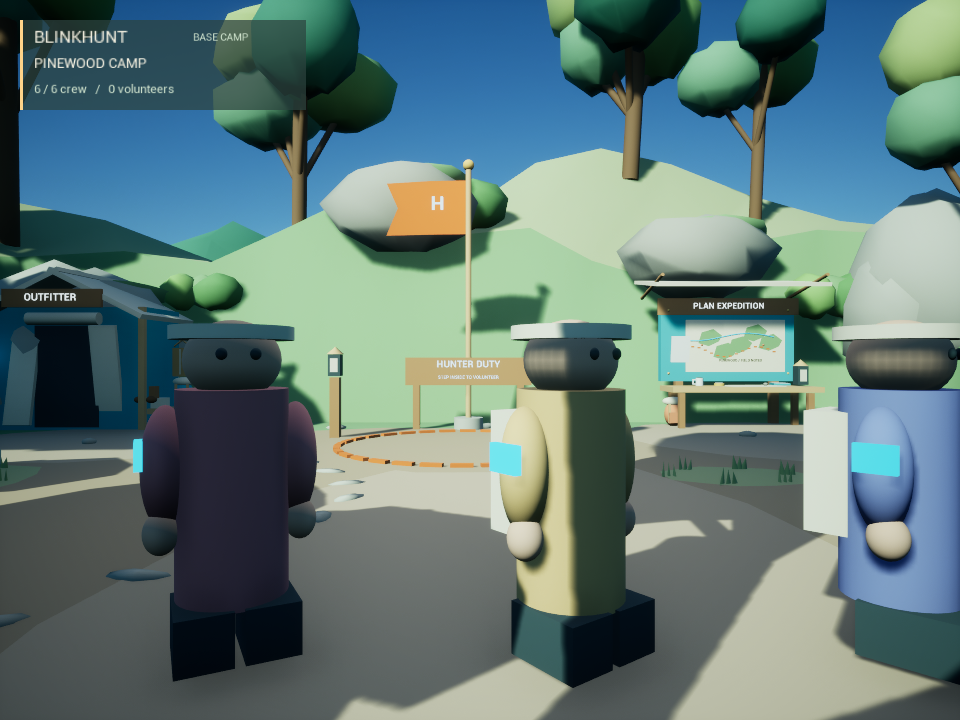 Stylized multiplayer base camp with three player characters